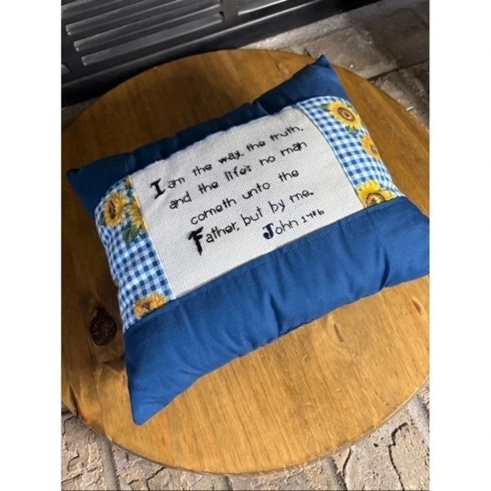 Handmade‎ Cross Stitch Scripture John 14:6 Accent Pillow w/Sunflowers Blue NWOT